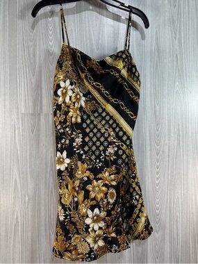 Princess Polly Womens Lucci‎ Mini Slip Dress Black Gold Chain Floral Satin 6